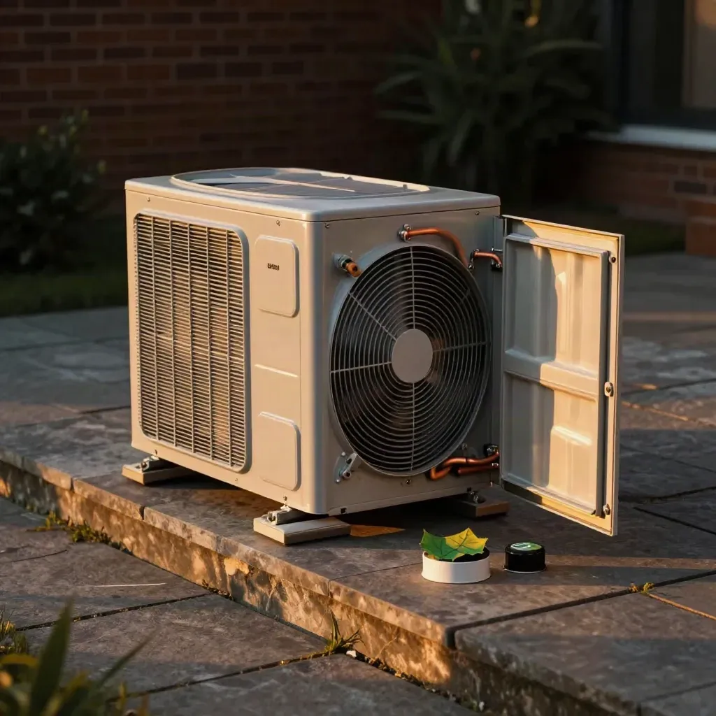 Open AC cabinet with fresh parts, cool-cycle fan blur, and warm patio light at dusk.