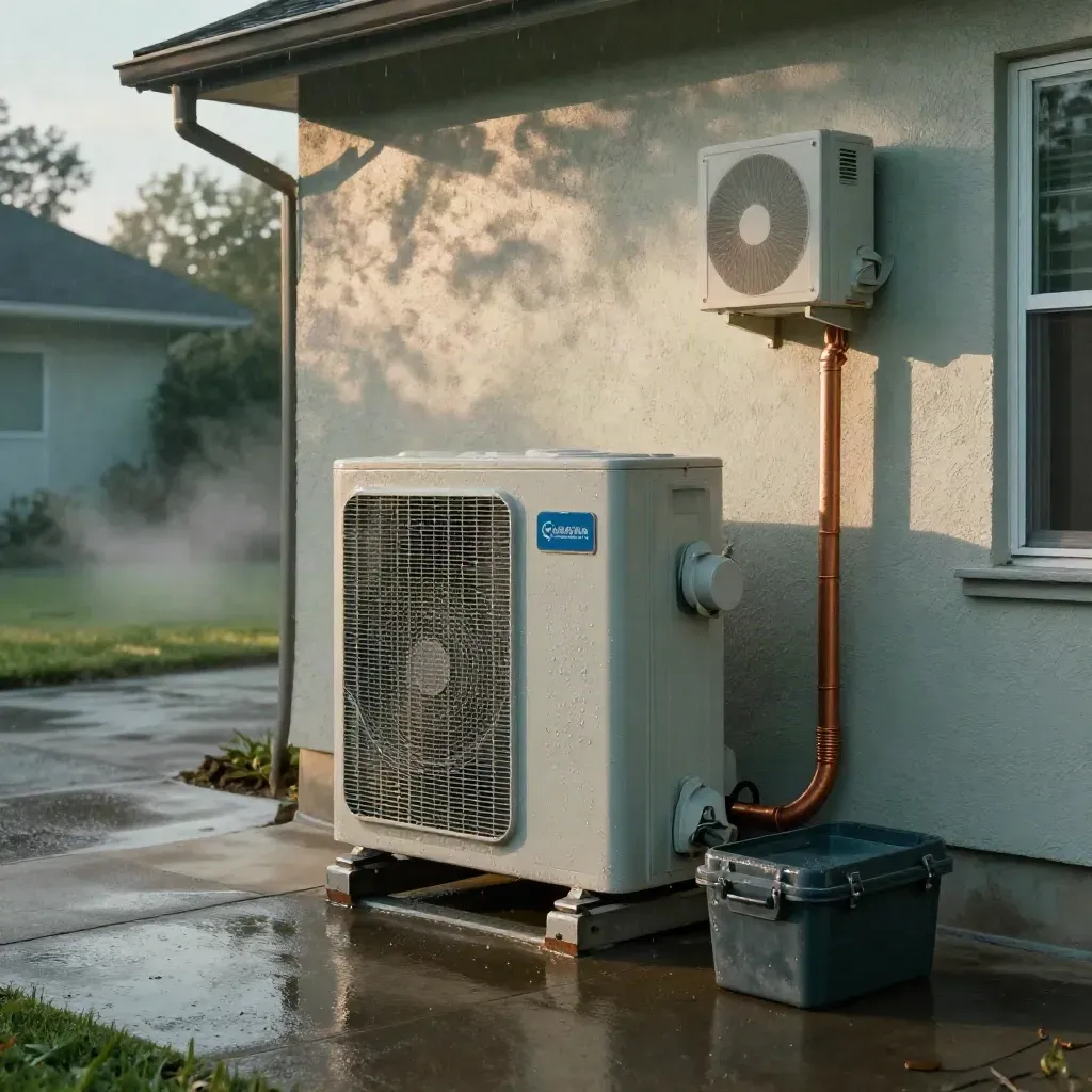 Rainy HVAC install beside stucco home with condenser, mini-split, copper lines, and service case.
