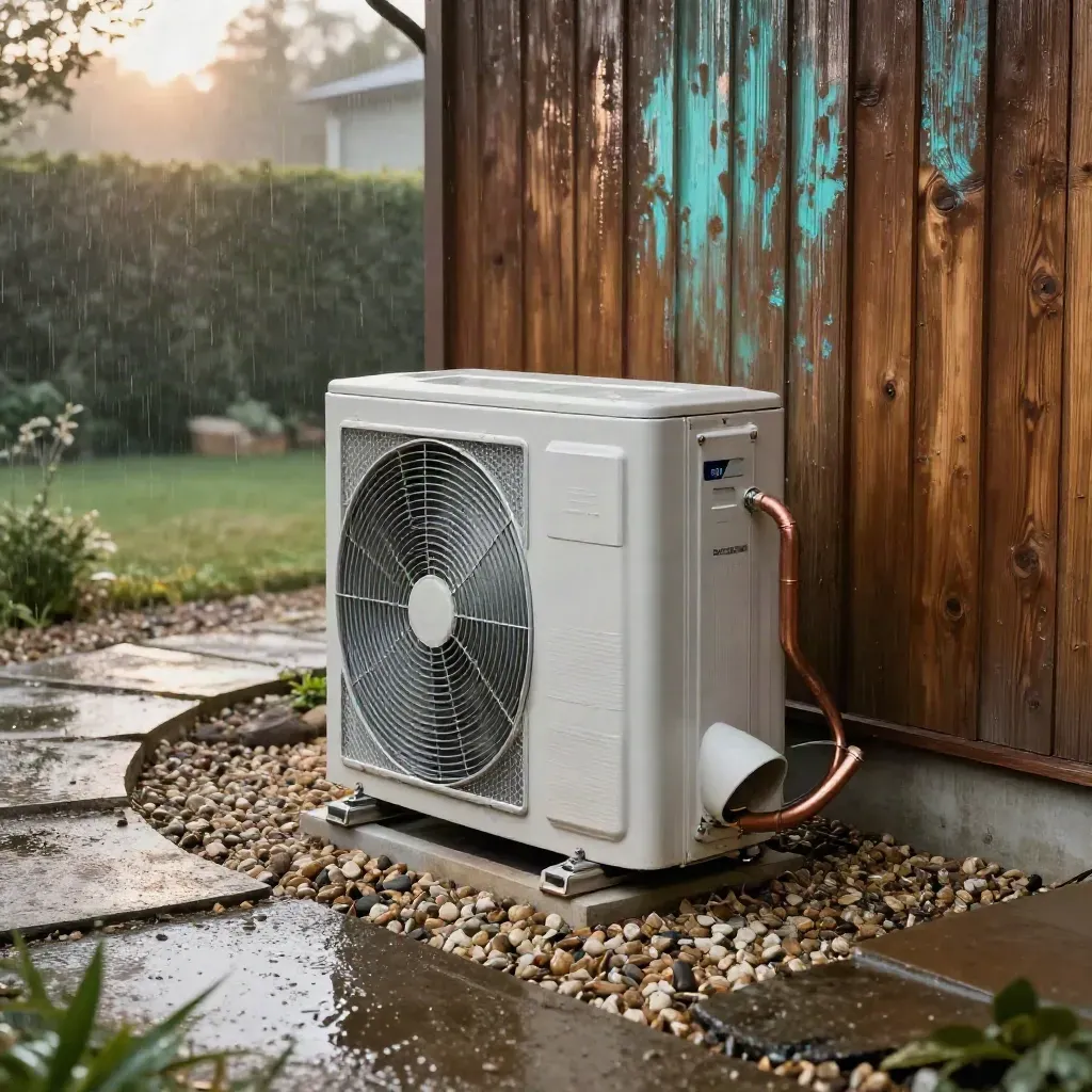 Finished outdoor AC condenser with copper lines beside a rain-damp family home.