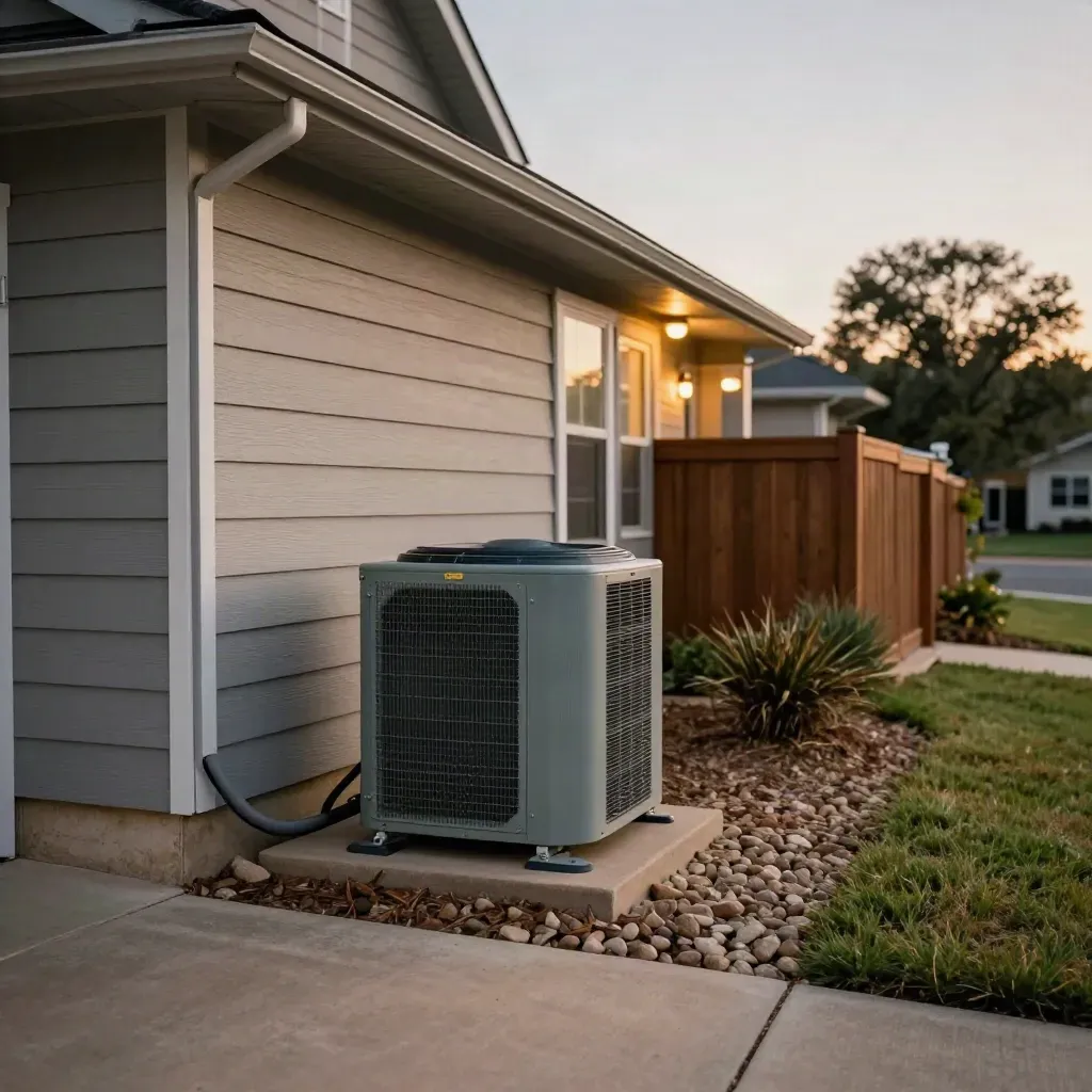 South Austin home with new AC condenser, tidy lineset, and restored yard at dusk.
