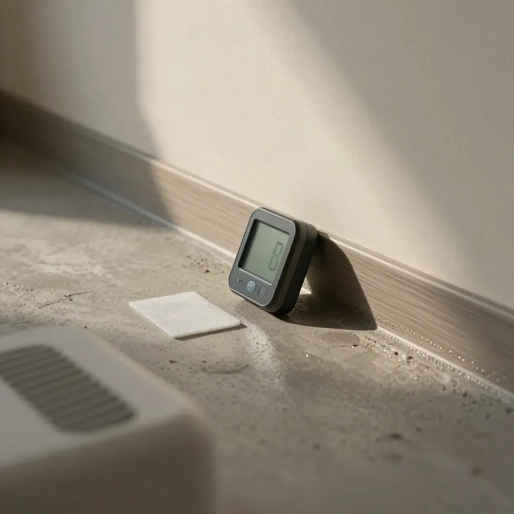 Hygrometer, swab and dehumidifier outlet beside a damp wall patch in a finished room.