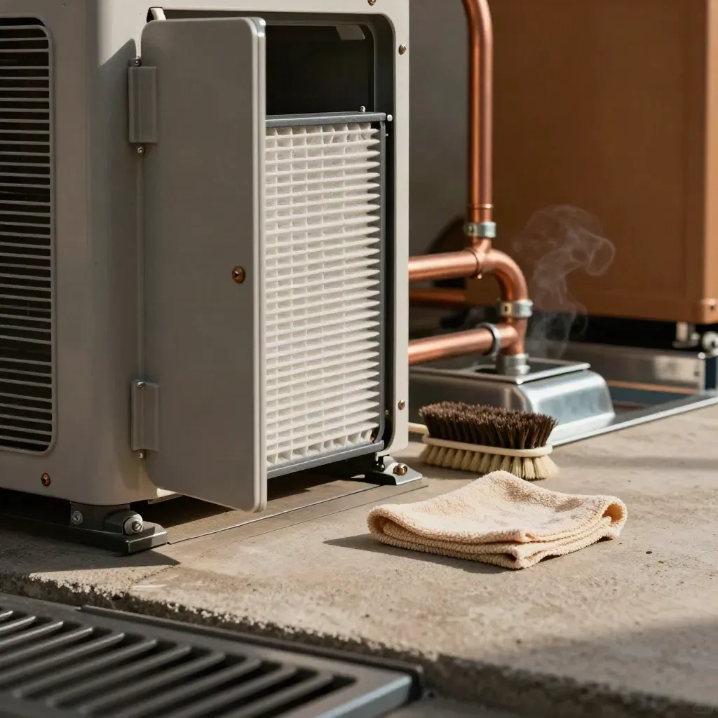 Serviced retail HVAC unit with fresh filter, open panel, and maintenance tools on a concrete ledge.