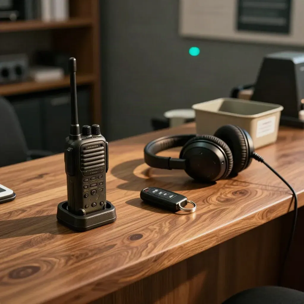 Service radio, key fob, headset and parts bins on a walnut counter