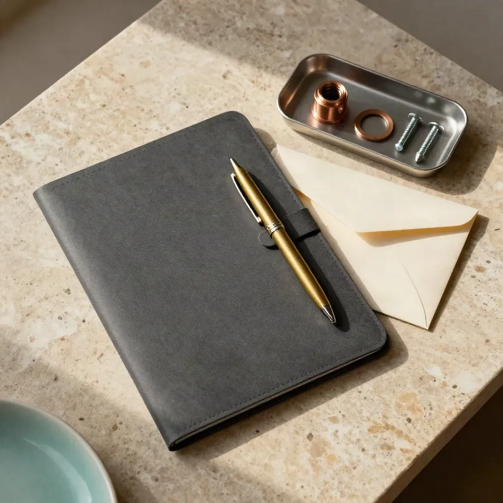 Overhead flatlay of a quote folder, brass pen, parts tray, and sealed envelope on stone.