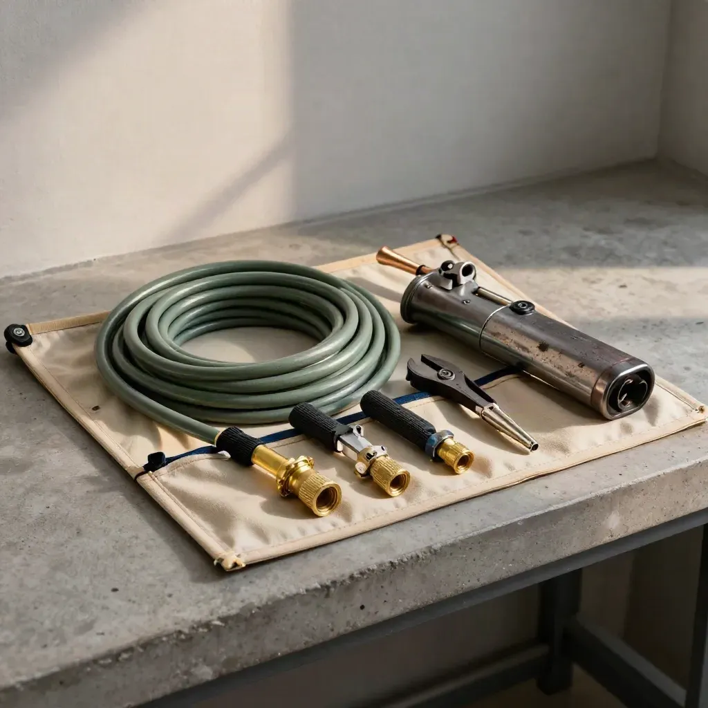 Open HVAC tool roll with hoses, wire strippers and torch kit on a concrete bench